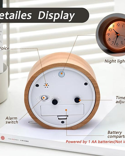 Oxmidud 4'' Natural Wooden Analog Alarm Clock with Soft Night Light - Battery Operated Non-Ticking Silent Tabletop Minimalist Desk & Bedside Clock for Bedrooms Living Room Home Office Decor