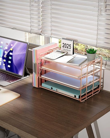 gianotter 4-Tier Paper Organizer With Magazine Holder, Desk Organizers and Accessories, Desk Accessories & Workspace Organizers, File Organizer for Office Supplies Storag (Rose Gold, 4-Tier)