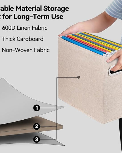 4 Pack Letter Size File Storage Box Collapsible, Fabric Hanging File Folders Organizer, Portable Office Document Holder with Metal Handle, Smooth PVC Rails, Beige