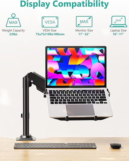 WALI Laptop Tray Desk Mount, Laptop Arm Mount Fits 10-15.6 Inch Notebook, 2-in-1 Gas Spring Monitor Arm for 17-32 Inch Computer Screen, Holds up to 22lbs(GSDM00LP), Black