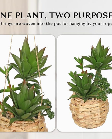 10" Large Succulents Plants Artificial in Wooden Pots, Fake Succulents in Woven Pots, Faux Succulent Artificial Plants Indoor for Home, Bedroom, Living Room, Bathroom Desk Shelf Table Decor