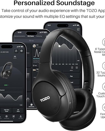 TOZO Hybrid Active Noise Cancelling Headphones, Wireless Over Ear Bluetooth Headset, 60H Playtime, Hi-Res Audio Custom EQ via App Deep Bass Comfort Fit Ear Cups, for Home Office Travel