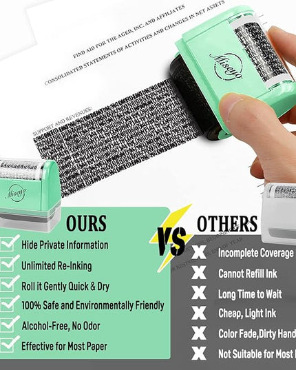 Miseyo Wide Identity Theft Protection Roller Stamp Set - Mint Green (3 Refill Ink Included)