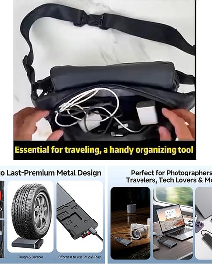 Data Hub, Travel Rated Multi-Card Reader, and 65W 3-in-1 Charging Cable, Nano-Sim-TF-SD, Card Storage, Lighting, USB-C, USB-A Connectors, iOS/Win/Mac/Android, Compact Aluminum Case, No Loose Wires.