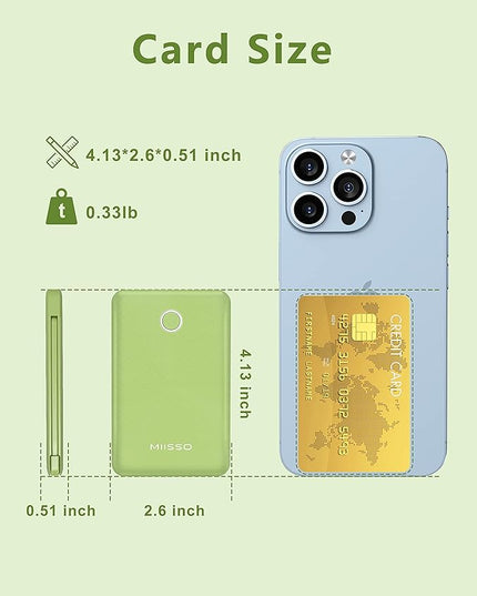 miisso 6000mah Ultra Slim Built in Cables Power Bank, Card Size Built in USB C Cords Battery Pack Portable Charger for Phones, 3 Output External Battery Pack Compatible with iPhone, Deep Green