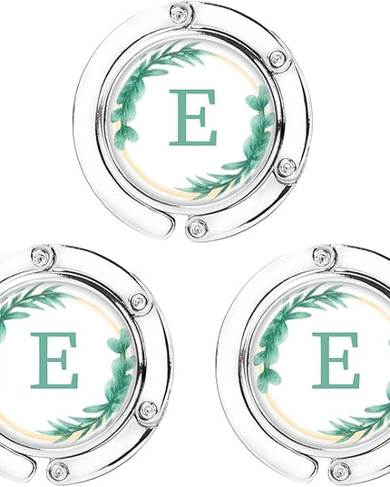 Iqimott 3pcs Personalized Initial Foldable Purse Hook for Table, Flower Letter Folding Handbag Hanger Portable Magnet Table Hook Holder, Collection Desk Purse Hooks for Women Bag (Green-E)