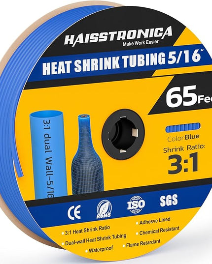 haisstronica 3:1 Heat Shrink Tubing, Shrink Ratio Adhesive Lined Marine Grade Heat Shrink Tube for Home, Automotive and Industrial (Blue) 65FT 5/16inch
