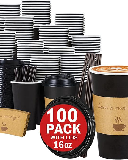 Lamosi 16 oz Coffee Cups with Lids 100 Pack, 16 oz Disposable Coffee Cup with Stir Sticks and Sleeves, To Go Hot Paper Cup for Home, Travel, Office