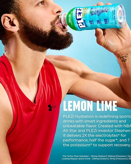 PLEZi Lemon Lime Hydration Drink x Stephen Curry - Sports Drinks with 2X Electrolytes - 500mg Potassium, Low Sugar, No Added Sugar - For Kids & Adults - 16.9 Fl Oz (12 Pack)