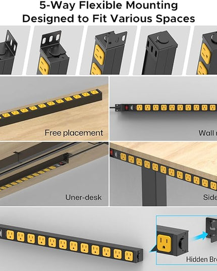 Mountable Long Power Strip, 2100 Joules Heavy Duty Surge Protector Power Strip, Slim Metal Power Bar with 6ft 14AWG Cord, 12-Outlet, ETL Listed,for Wall Mount, Under Desk, Garage, Workshop, and Office