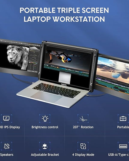 P2 Triple Portable Monitor for Laptop Screen Extender 12 Inch Dual Monitors Extender FHD 1080P IPS Display Type-C/HDMI/USB-A/Speakers for 13-16 Inch Notebook Computer Windows Mac Phone