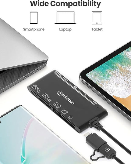 Manhattan 7 in 1 USB C & USB A Combo Multi Card Reader – Long 3 ft Cable – 5Gbps USB 3.0 - SD, TF, CF, Micro SD, XD, MS - Multiple Adapter Hub – 3 Yr Mfg Warranty – 102605