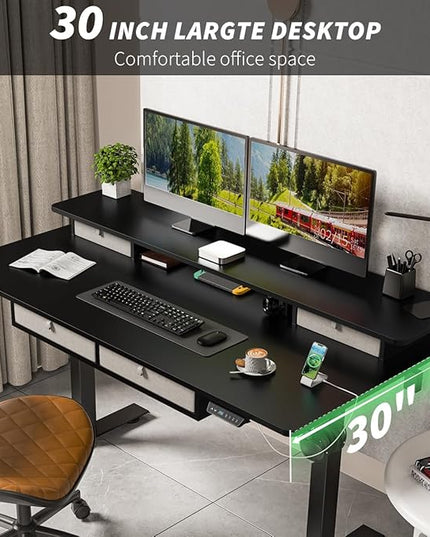 Kingant Standing Desk with Drawers & USB Charging Port, 55" x 30" Height Adjustable Home Office & Gaming Desk, Sit Stand Desk with Built-in Storage Shelf, Hook & Ergonomic Design(Classic Black)