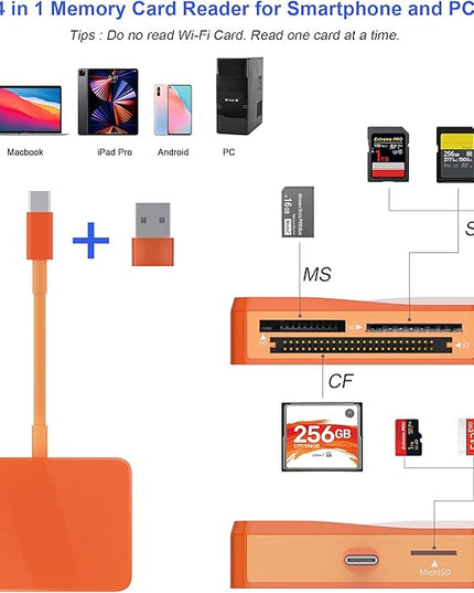 SD Card Reader, 4 in 1 USB C to SD/TF/CF/MS Card Reader with USB to USB C Adapter Memroy Card Reader for iPhone 17/16/15 Pro Max iPad Pro MacBook Pro/Air iMac M4/M3 Android Phone/Tablet PC (Orange)