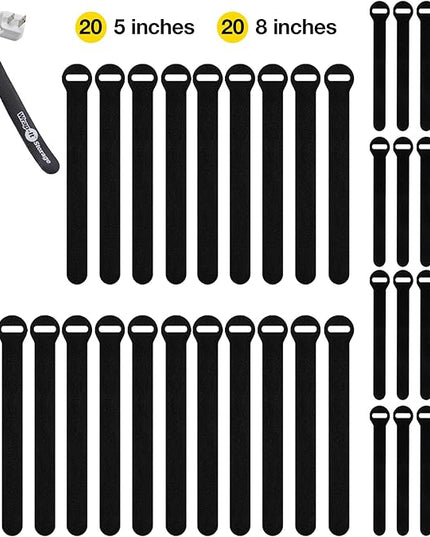 Self-Gripping Cable Ties by Wrap-It Storage, Black, 40 Pack (5 Inch and 8 Inch Straps) – Reusable Hook and Loop Cord Organizer Cable Ties for Cord Management and Desk or Office Organization