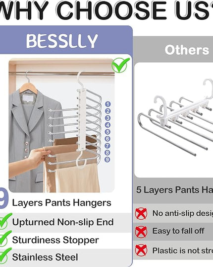 Upgrade 9 Layers Pants Hangers Space Saving, 2 Pack Pant Hangers Organizer Multifunctional Pants Rack Space Saver Closet Organizers and Storage Hangers for Pants Jeans Leggings Trousers Skirts, White
