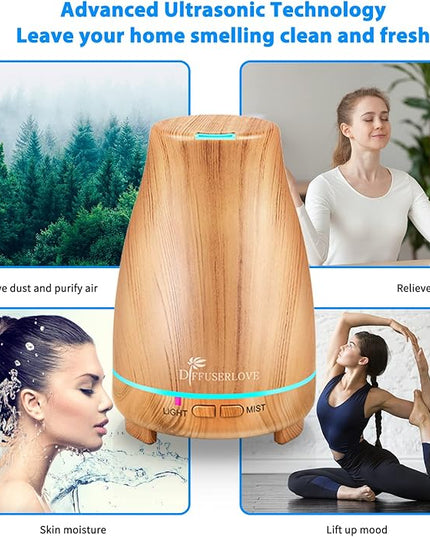 Diffuserlove Essential Oil Diffusers 200ML Diffuser Remote Control Aromatherapy Diffuser with 7 Color Lights, Auto Shut-Off for Bedroom Office Kitchen (Yellow Wood Grain)