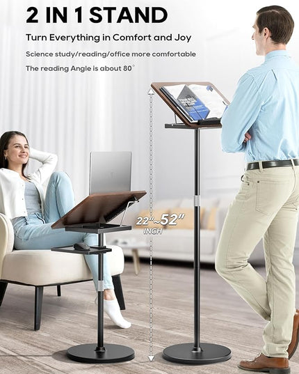 2 in 1 Adjustable Book Stand - Dual-Use Floor and Desktop Book Holder Stand, Height Adjustable 23.5-52 in, Elastic Page Clips for Music Sheet, Recipe, Tablet, Laptop-Black