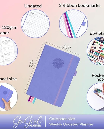 GoGirl Planner and Organizer for Women – Compact Size Weekly Planner, Goals Journal & Agenda to Improve Time Management, Productivity & Live Happier. Undated – Start Anytime, Lasts 1 Year – Lavender