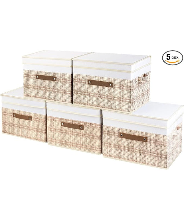 TYEERS Collapsible Storage Bins with Lids, Patchwork Design, Washable, Fabric Storage Boxes, 14.9x9.8x9.8 inches, 5 Pack, Camel Tan