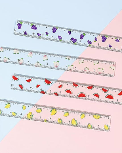 BAYTORY 4Pcs Transparent Acrylic Ruler 12 Inch, Clear Plastic Straight Rulers, Shatterproof Student Stationery Centimeters with Inches, for Classroom Essentials School Supplies (Fruit)
