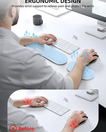 TopMade Upgraded Wider Wrist Rest Set, Soft Memory Foam Keyboard Hand Rest Pad, Computer Ergonomic Keyboard Mouse Wrist Support for Typing Pain Relief, Comfort for Office, Gaming, Study, White Ice