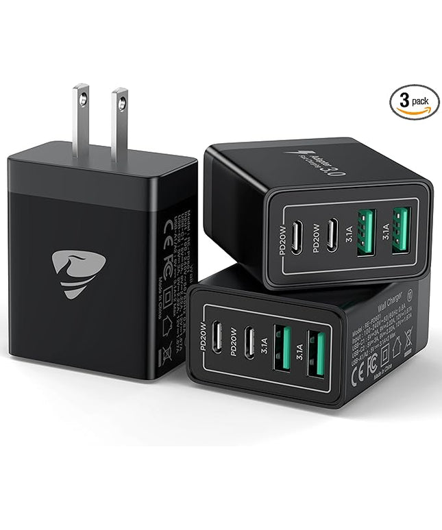 USB C Wall Charger Block 3-Pack, Aiminu 40W 4-Port PD Power Delivery Fast Type C Charging Block Plug Adapter for iPhone 15/14/13/12/11/Pro Max, XS/XR/X, iPad, Android Phones Charger Cube