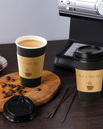 Lamosi 12 oz Coffee Cups with Lids 100 Pack, 12 oz Disposable Coffee Cup with Stir Sticks and Sleeves, To Go Hot Paper Cup for Home, Travel, Office