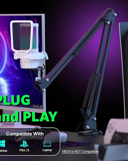 IXTECH Gaming Microphone for PC with Boom Arm, Podcast Condenser Mic with Pop Filter, Quick Mute Button, Gain Knob, Mic Arm and Computer Mic with Gain Control for Streaming Podcasting Recording