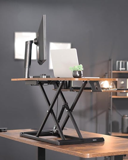 VIVO 48 inch Desk Converter, K Series, Height Adjustable Sit to Stand Riser, Dual Monitor and Laptop Workstation with Wide Keyboard Tray, Rustic Vintage Brown Top, Black Frame, DESK-V048KN