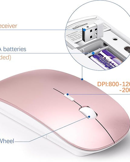Wireless Keyboard and Mouse Ultra Slim Combo, TopMate 2.4G Silent Compact USB 2400DPI Mouse and Scissor Switch Keyboard Set with Cover, Batteries Included, for PC/Laptop/Windows/Mac - Rose Gold White