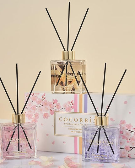 COCORRÍNA Reed Diffuser Set of 3-3 Pack/ 3.04 Fl.oz Diffuser with 24 Sticks Warm Vanilla/Cherry Blossom/Lavender Thyme Reed Diffuser for Home Bathroom Office Shelf Decor