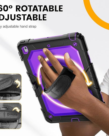Timecity Case for iPad 9th/ 8th/ 7th Generation 10.2 inch - Heavy Duty Protective Cover with Screen Protector, Rotating Stand, Shoulder Strap & Pencil Holder | Kids-Friendly (Purple)