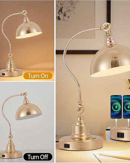 Vintage French Gold Desk Lamp Decorative Table Lamp for Home Office Living Room Bedroom Desk Light, Rustic Industrial Farmhouse Antique Library Study Desk Lamp E26 LED Bulb Included