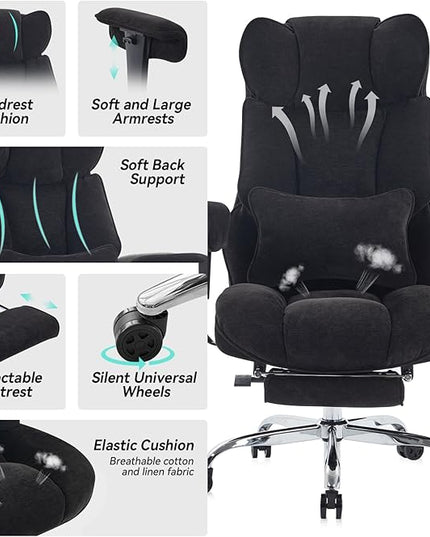 Efomao Executive Office Chair, Soft-Cushioned Computer Chair with Foot Rest, Fabric Home Office Desk Chairs, Big and Tall Office Chairs, Black