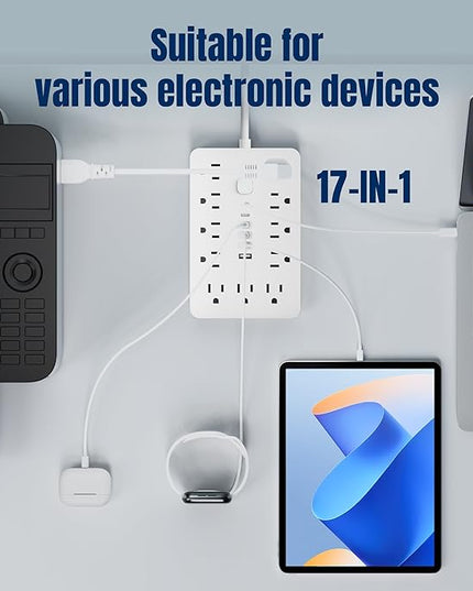 20 FT Flat Plug Surge Protector Power Strip,11 Multiple AC Outlets with 6 USB Ports (2 USB C), 20 Feet Extension Cord, 1250W/10A, One Touch Switch Button, White