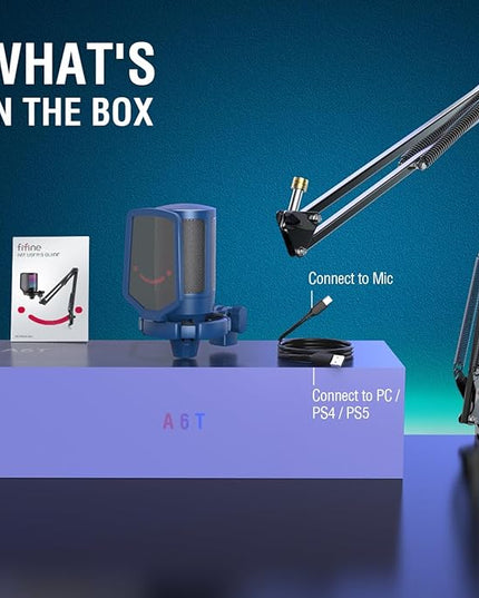FIFINE USB Gaming Streaming Recording PC Microphone Kit, RGB Condenser Computer Mic Bundle for Podcasts, Audio, Vocal, Video on Mac/Desktop/Laptop, with Boom Arm Stand-A6T Blue