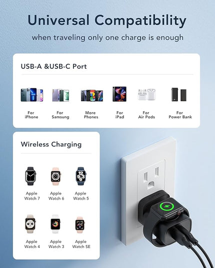 VRURC Charger for iPhone & Apple Watch, 20W USB C Fast Charging Block, 3-in-1 Compact Travel Adapter with 2 Port for iPhone 17/16/15/14/13, Wireless Magnetic for iWatch SE/11/10/9/8/7/6/5/4-Black