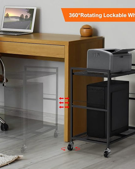 YBING Computer Tower Stand, PC Tower Stand Metal Mobile CPU Holder Stand Cart with Caster Wheels 2 Tier Rolling Printer Cart Under Desk for Fax Home Office Black