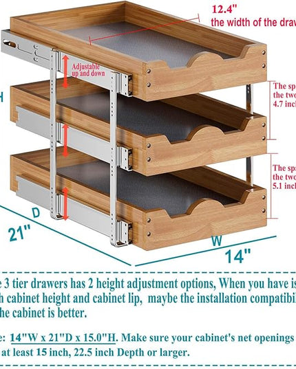 OCG Pull Out Drawer 14" W x 21" D, 3 Tier Pull Out Cabinet Organizer, Heavy-Duty Slide Out Drawer for Cabinets, Base Cabinet Organization for Kitchen, Pantry, Bathroom