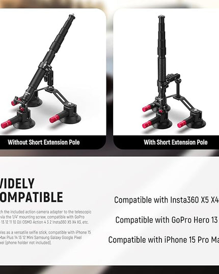 NEEWER Triple Suction Cup Car Mount Compatible with Insta360 X5 X4 GoPro DJI OSMO 360 Cameras, Quick Release Outside Windshield Magic Arm Mount Kit with 2 in 1 Extension Pole/Selfie Stick, CA065