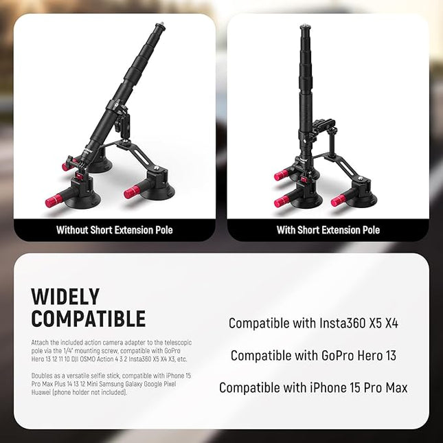 NEEWER Triple Suction Cup Car Mount Compatible with Insta360 X5 X4 GoPro DJI OSMO 360 Cameras, Quick Release Outside Windshield Magic Arm Mount Kit with 2 in 1 Extension Pole/Selfie Stick, CA065