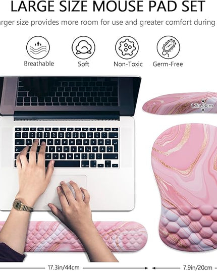 Mouse Pad Wrist Support, Laokiiy 2 in1 Keyboard Wrist Rest+ Ergonomic Mouse Pad, Non-Slip Wrist Rest for Computer Keyboard, Made Easy Typing & Relieve Wrist Pain(Rose Gold Pink Marble)