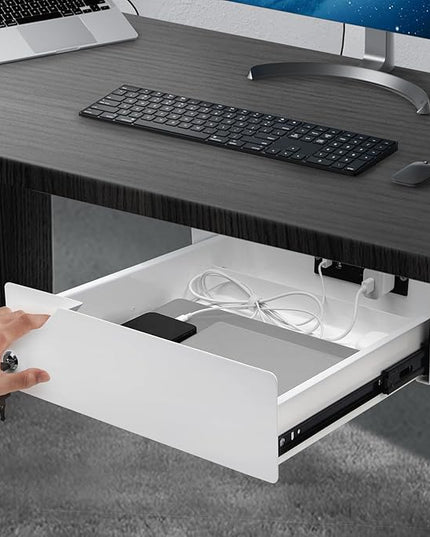 Lumil Under Desk Mounted Drawer Lockable with 3 Prong Extension Cord 10 FT with Multiple Outlets and Foldable Cable Management Arm for Office Desk 15.7" (W) x 15.7" (D) x 4.4" (H), White