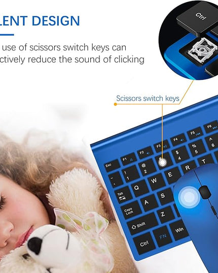 TopMate Wireless Keyboard and Mouse Ultra Slim Combo, 2.4G Silent Compact USB Mouse and Scissor Switch Keyboard Set with Cover, 2 AA and 2 AAA Batteries, for PC/Laptop/Windows/Mac - Blue Black
