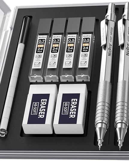 Nicpro 2 PCS Mechanical Pencil 0.5mm & 0.7 mm with Case, MP1000 Metal Artist Pencil Set with 4 Tubes HB Lead Refills, 2 Erasers, 9 Eraser Refills For Art Writing Drafting, Drawing, Sketch, Silver