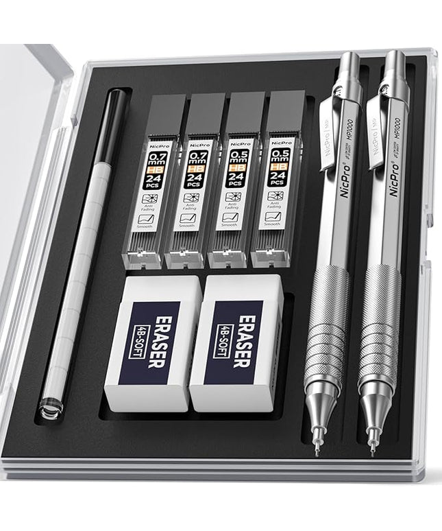 Nicpro 2 PCS Mechanical Pencil 0.5mm & 0.7 mm with Case, MP1000 Metal Artist Pencil Set with 4 Tubes HB Lead Refills, 2 Erasers, 9 Eraser Refills For Art Writing Drafting, Drawing, Sketch, Silver