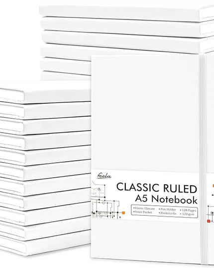feela College Ruled Notebooks, 24 Pack Business Notebook Hardcover Lined Writing Journal with Pen Holder for Men Women Note Taking, with 24 Black Pens, 120 GSM, 5.1”x8.3”, A5, White