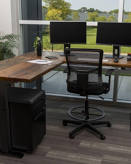 Stand Up Desk Store Reclaimed Wood Electric L-Shaped Corner Standing Desk with EZ Assemble Frame (Black Frame/Reclaimed Natural Fir Top, 71" W x 71" D)