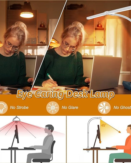 Double Head LED Desk Lamp with Remote Control for Home Office 24W Brightest Computer Desk Light for Workbench Drafting Architect Study Reading with Clamp and Base